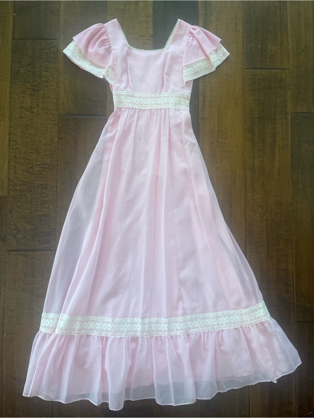 Vintage 1970s light pink chiffon maxi dress designed by Candi Jones California